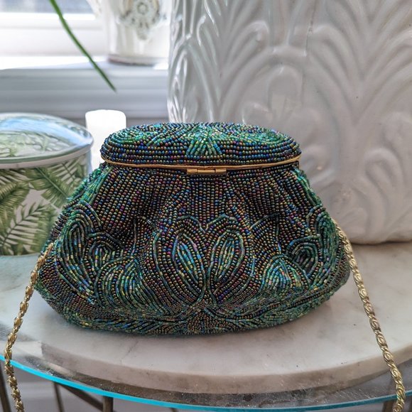 VINTAGE Green Beaded Mini Bag Shoulder Crossbody Clutch Convertible - Picture 9 of 16